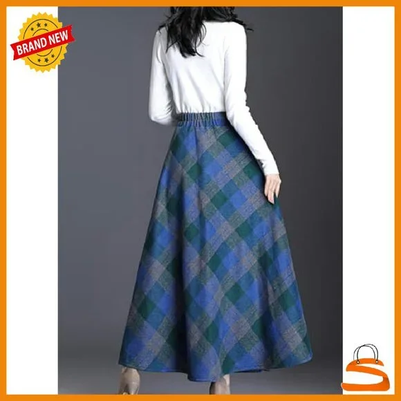 Wool Plaid Maxi Skirt High Waist A-Line Pleated with Pockets - Picture 5 of 6